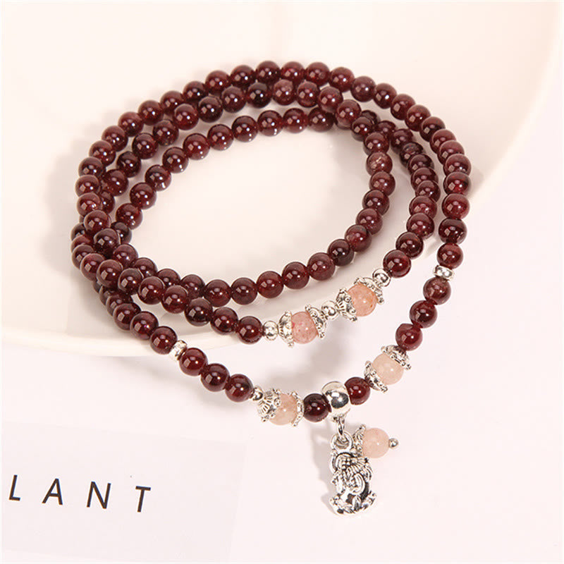 Buddha Stones Natural Garnet Strawberry Quartz Green Beans PiXiu Protection Triple Wrap Bracelet - Garnet&PiXiu - image 3