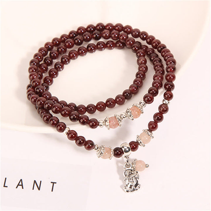 Buddha Stones Natural Garnet Strawberry Quartz Green Beans PiXiu Protection Triple Wrap Bracelet - Garnet&PiXiu - image 3