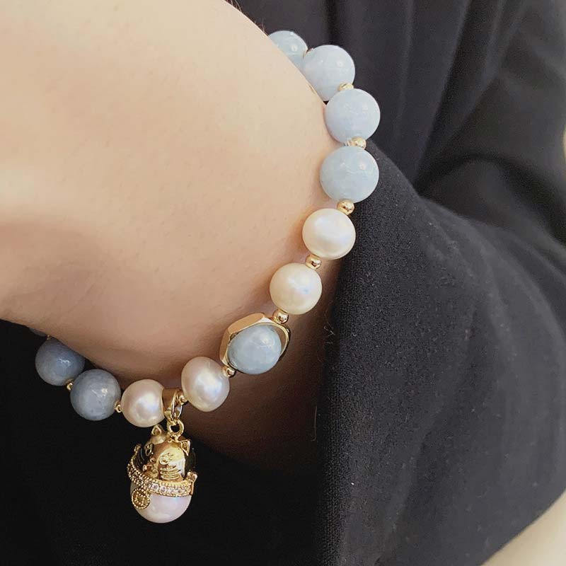 Buddha Stones Aquamarine Pearl Peace Healing Lucky Cat Charm Bracelet - image 3