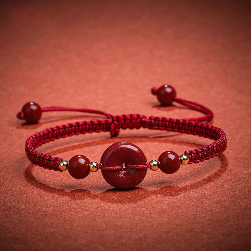 Buddha Stones Natural Cinnabar Peace Buckle Blessing String Bracelet - Dark Red Rope(Wrist Circumference 14-18cm) - image 0