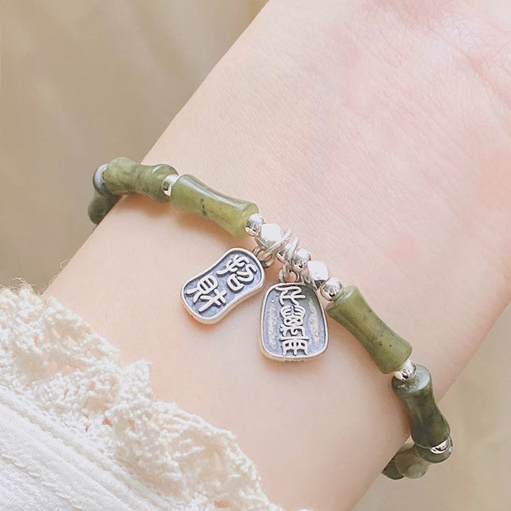 Buddha Stones 925 Sterling Silver Bamboo Jade Lucky Cat Fu Character Luck Abundance Bracelet - image 9