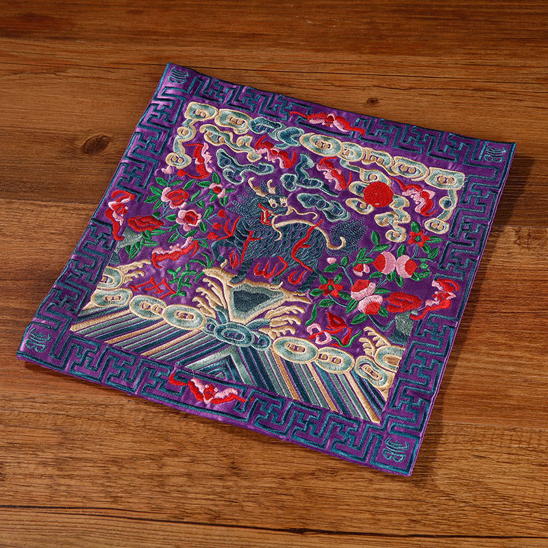 Buddha Stones Crane Phoenix Dragon Kirin Embroidered Cup Mat Pad Tea Cup Coaster Square Kung Fu Tea Mat - Purple Kirin - image 35