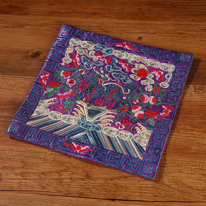 Buddha Stones Crane Phoenix Dragon Kirin Embroidered Cup Mat Pad Tea Cup Coaster Square Kung Fu Tea Mat - Purple Kirin - image 35