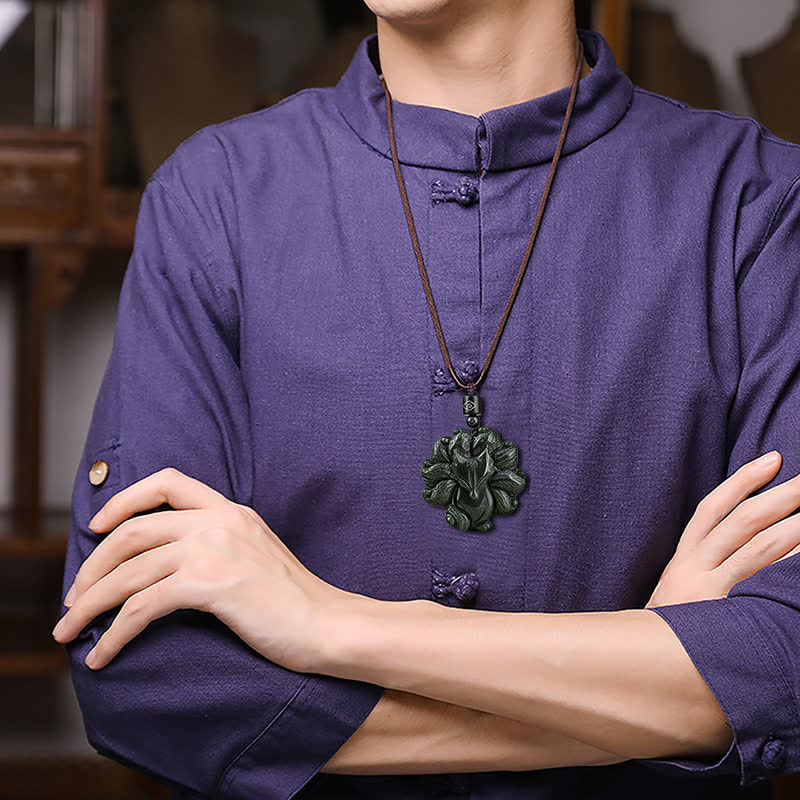 Hetian Cyan Jade Nine Tailed Fox Luck Necklace String Pendant - image 2