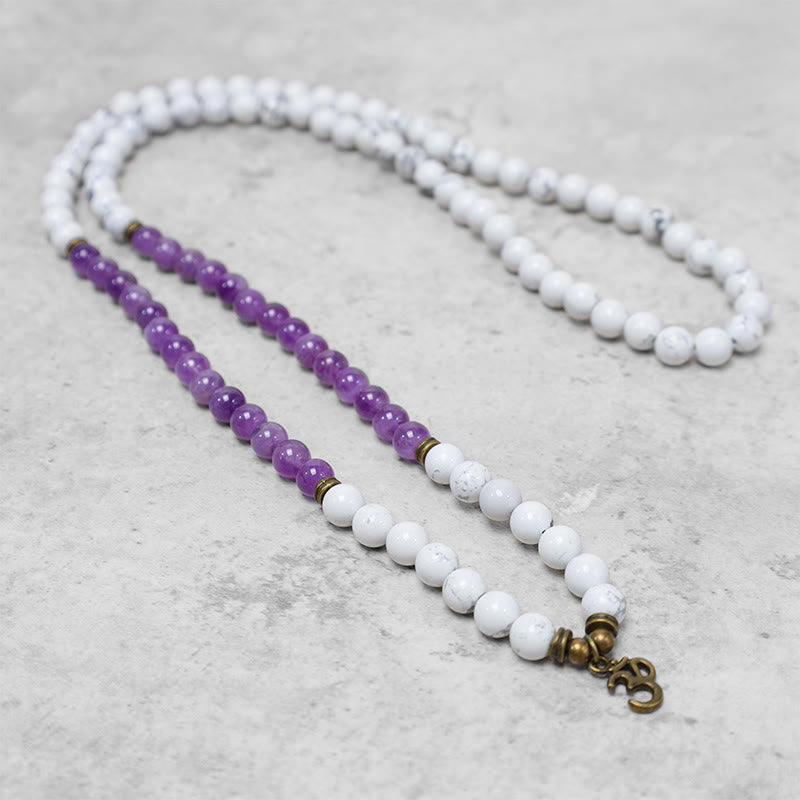 Buddha Stones 108 Mala Beads Amethyst White Turquoise OM Healing Meditation Energy Bracelet - image 1