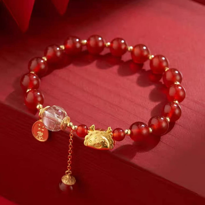 Buddha Stones Year of the Dragon Dumpling Natural Red Agate Garnet Hetian Jade Fu Character Luck Success Bracelet - image 4