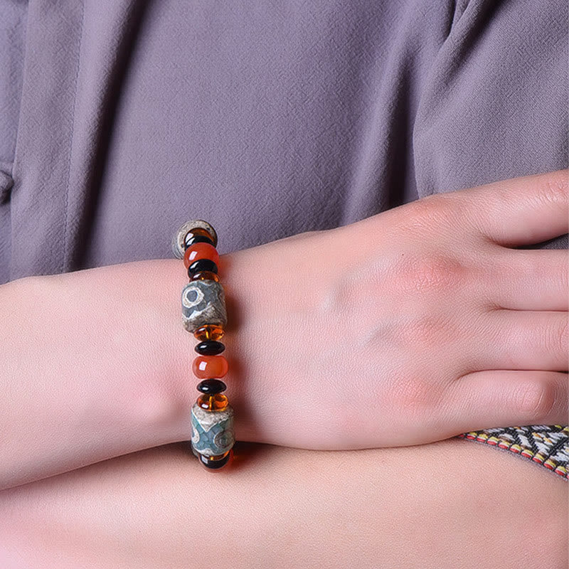 Buddha Stones Tibetan Three-eyed Dzi Bead Agate Protection Happiness Bracelet - image 3