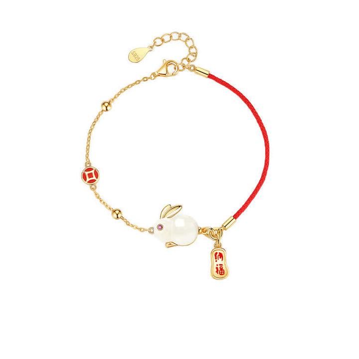 Buddha Stones Year of the Rabbit White Jade Happiness Red String Chain Bracelet - image 9