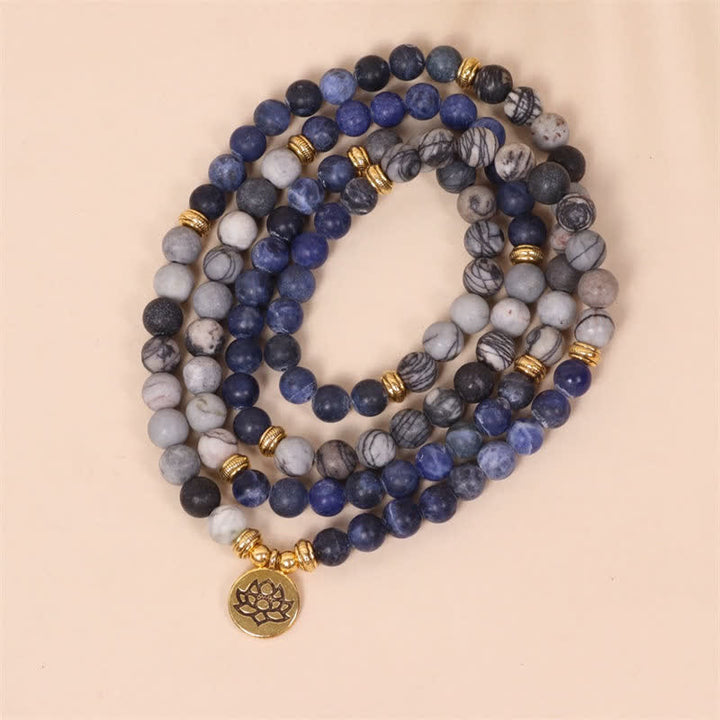 Buddha Stones 108 Mala Beads Sodalite Zebra Jasper Crystal Lotus Strength Bracelet - image 1