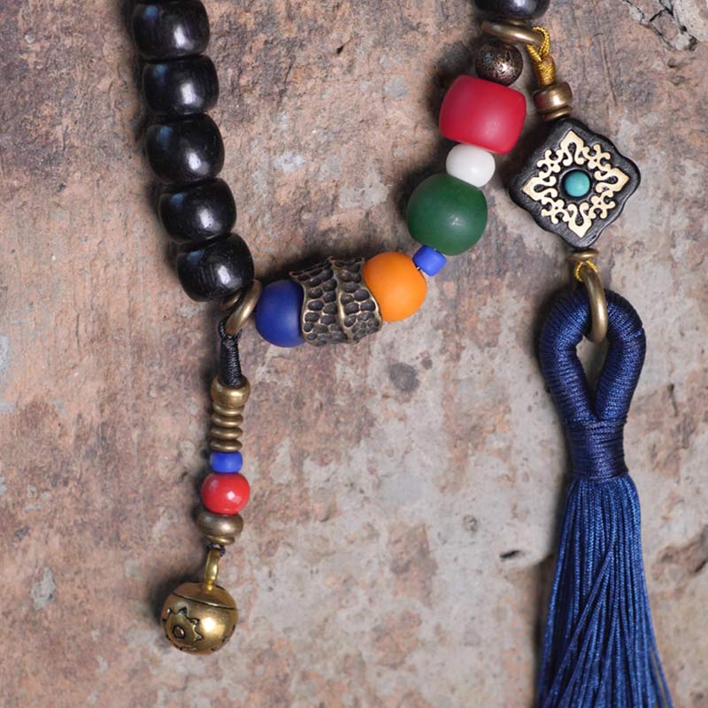 Buddha Stones 108 Beads Mala Ebony Wood Dzi Bead Copper Balance Tassel Bracelet - image 9