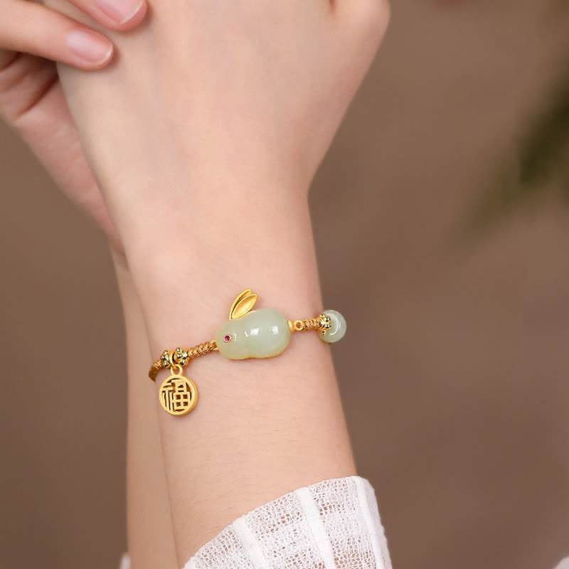 Buddha Stones Year of the Rabbit Hetian Jade Happiness Blessing Wealth String Bracelet - image 2