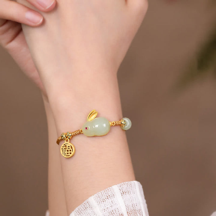 Buddha Stones Year of the Rabbit Hetian Jade Happiness Blessing Wealth String Bracelet - image 2