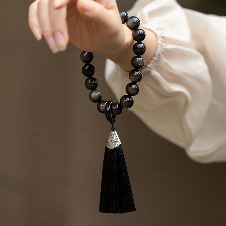 Buddha Stones Natural Silver Sheen Obsidian Black Obsidian Lion Wrist Mala Protection Tassels Pocket Mala Car Decoration - image 2