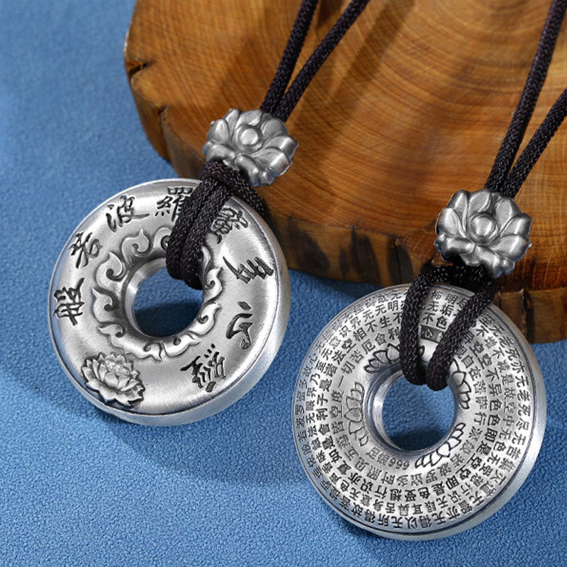 Buddha Stones 999 Sterling Silver Heart Sutra Lotus Peace Buckle Necklace Pendant - image 1