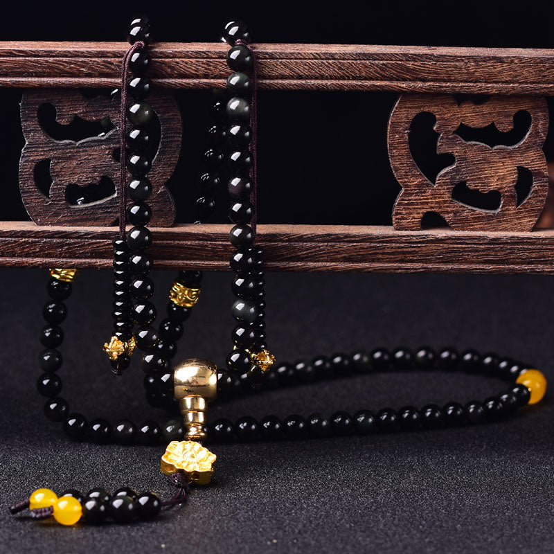 Buddha Stones 108 Beads Natural Black Obsidian Lotus Fulfilment Mala Bracelet - image 4
