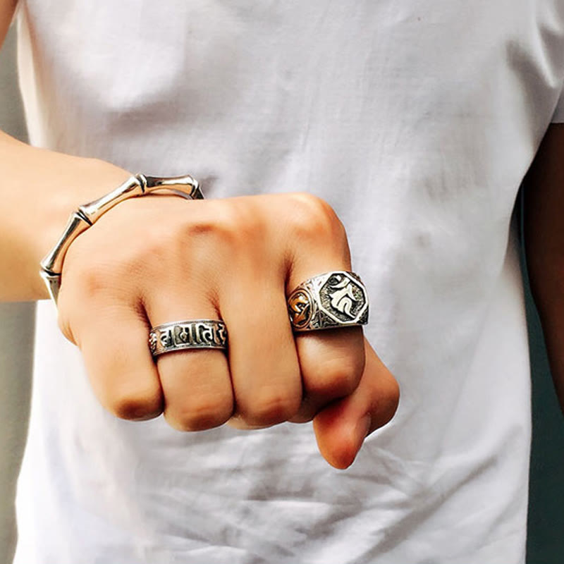 Buddha Stones 925 Sterling Silver Sanskrit Design Carved Protection Adjustable Ring - image 28