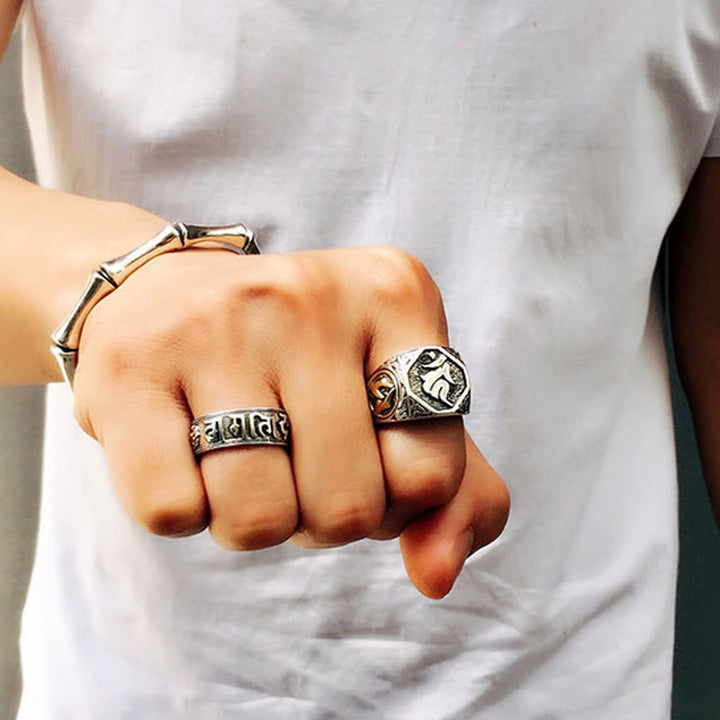 Buddha Stones 925 Sterling Silver Sanskrit Design Carved Protection Adjustable Ring - image 28