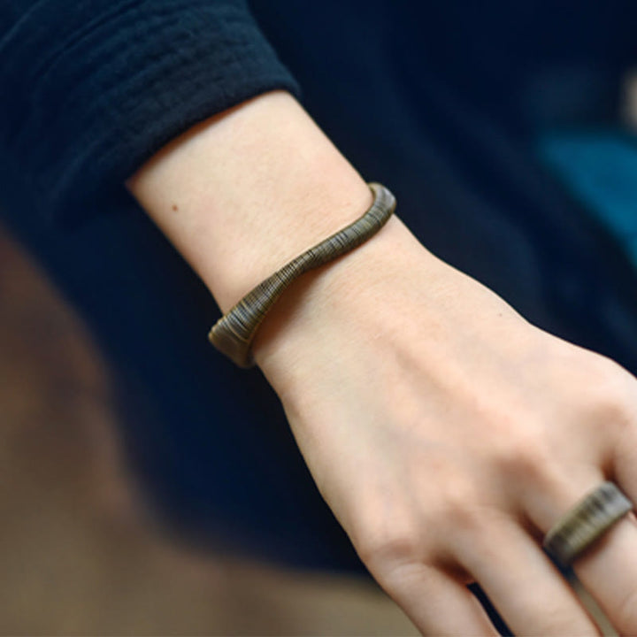 Buddha Stones Simple Design Wrapped Brass Copper Luck Wealth Adjustable Cuff Bracelet - image 11