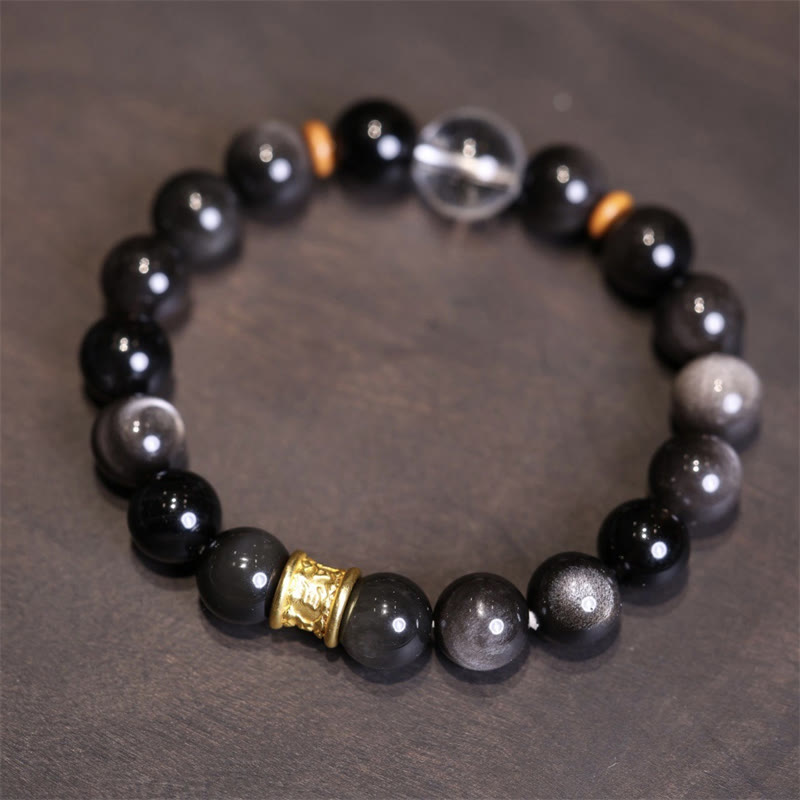 Buddha Stones Natural Silver Sheen Obsidian Crystal Om Mani Padme Hum Bead Protection Bracelet - Silver Sheen Obsidian White Crystal - image 0