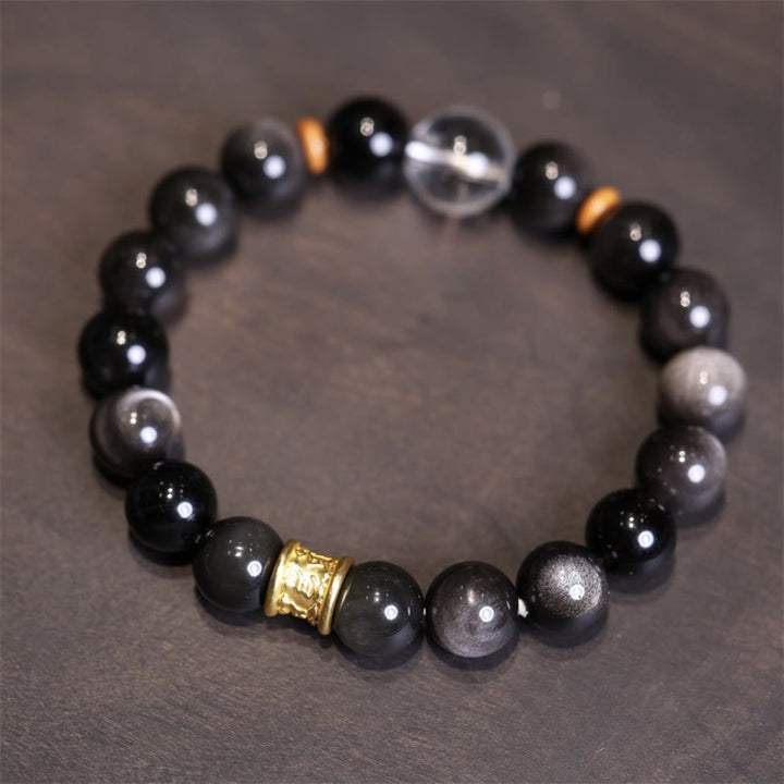 Buddha Stones Natural Silver Sheen Obsidian Crystal Om Mani Padme Hum Bead Protection Bracelet - Silver Sheen Obsidian White Crystal - image 0