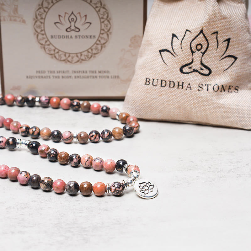 Buddha Stones 108 Mala Beads Rhodonite Lotus Compassion Energy Bracelet - image 4