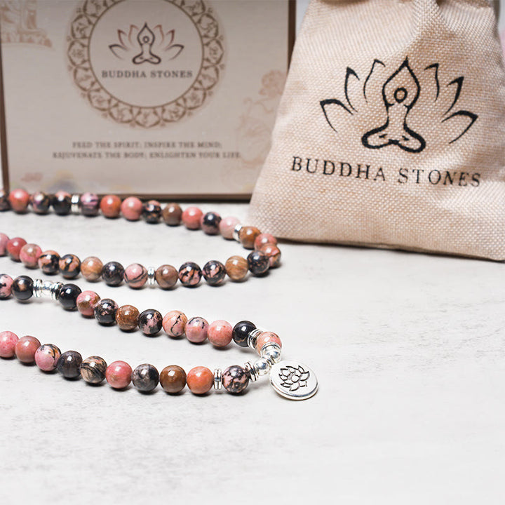 Buddha Stones 108 Mala Beads Rhodonite Lotus Compassion Energy Bracelet - image 4