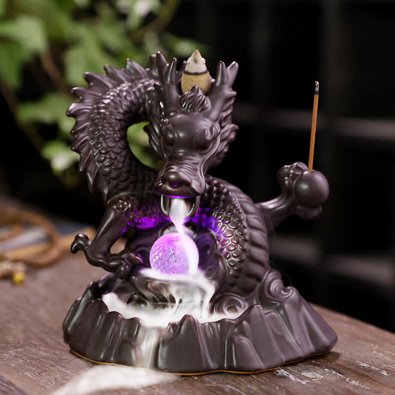 Buddha Stones Auspicious Dragon Ceramic Backflow Smoke Fountain Meditation Healing Incense Burner Led Ball Decoration - Dragon&LED Ball - image 0