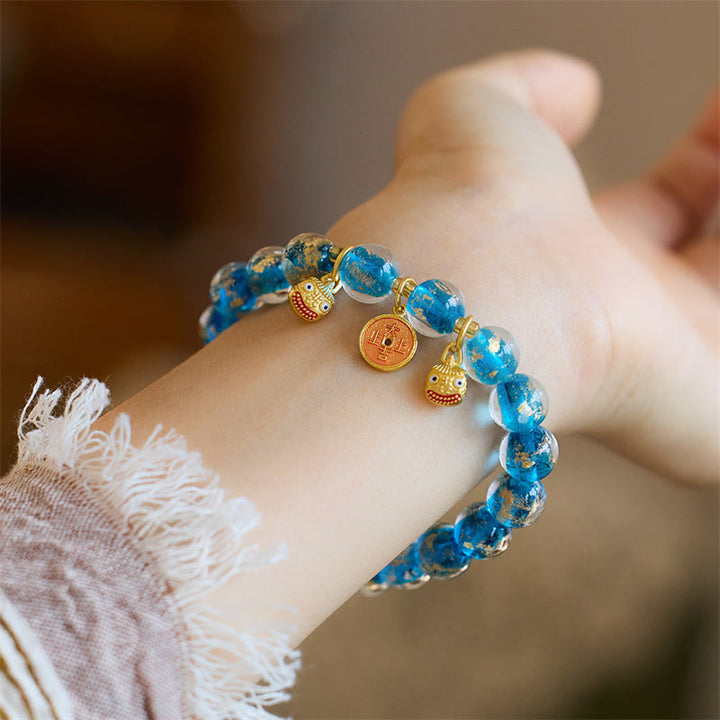 Buddha Stones Gold Swallowing Beast Copper Coin Good Luck Charm Liuli Glass Bead Fortune Bracelet - Light Blue Liuli Glass Bead(Wrist Circumference 14-16cm) - image 9