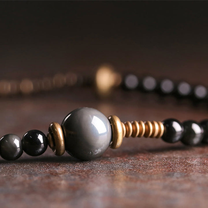 Buddha Stones Rainbow Obsidian Ebony Wood Copper Positive Multilayer Bracelet - image 6