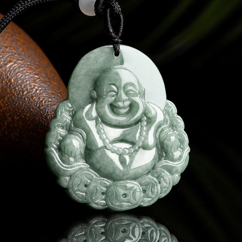 Buddha Stones Laughing Buddha Natural Jade Copper Coin Abundance Necklace Pendant - image 1