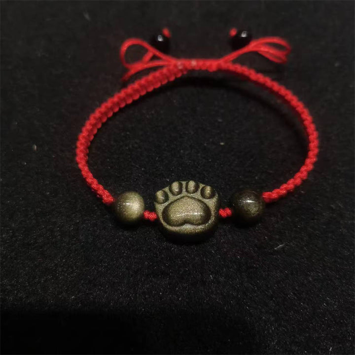 Buddha Stones Natural Silver Sheen Obsidian Gold Sheen Obsidian Cute Cat Paw Claw Protection Rope Bracelet - Gold Sheen Obsidian - Red Rope(Wrist Circumference 14-19cm) - image 9