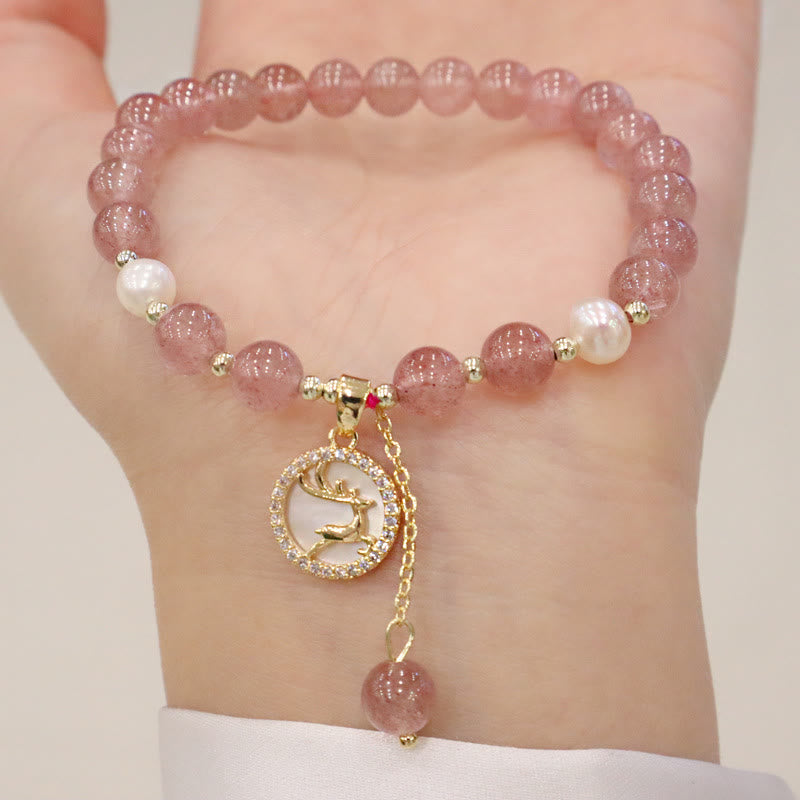 Buddha Stones Strawberry Quartz Pearl Elk Smiley Face Fishtail Fu Character Charm Healing Bracelet - image 1