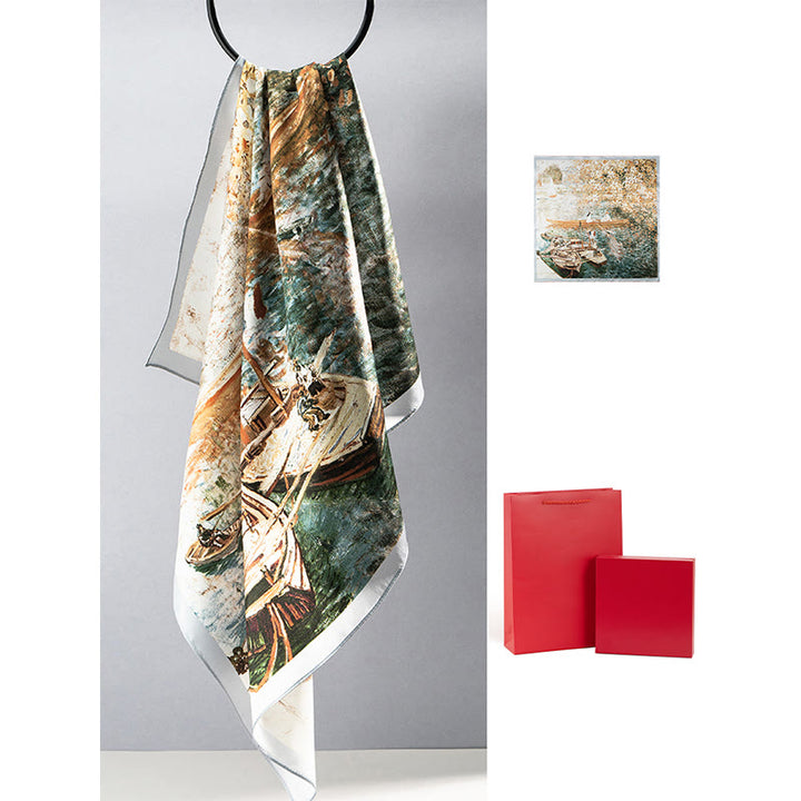 Buddha Stones Jungle Oil Painting Auspicious Clouds 100% Mulberry Silk Scarf Premium Grade 6A Double-sided Silk Neck Scarf - Oil Painting World(Girl And Ship) - image 16