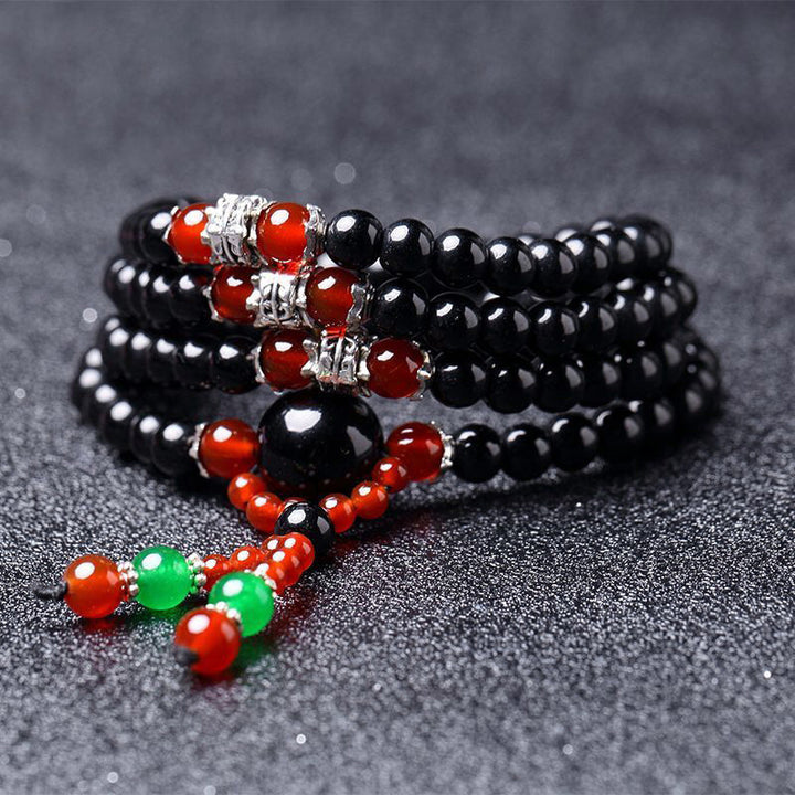 Buddha Stones 108 Beads Natural Black Obsidian Tiger Eye Mala Bracelet - Black Obsidian&Red Agate - 6mm - image 13