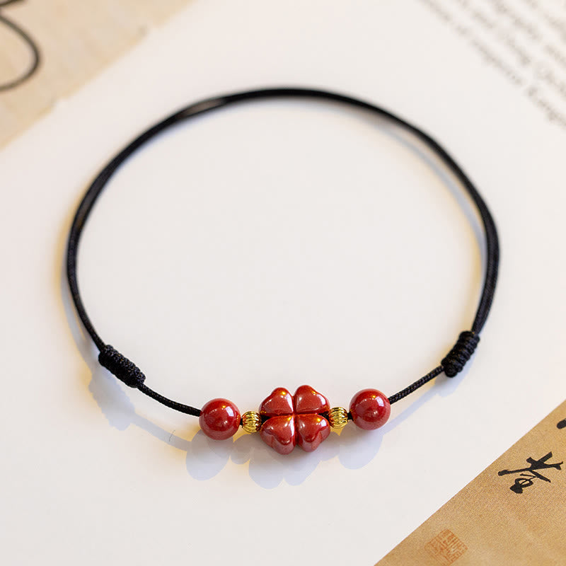 Buddha Stones Four Leaf Clover Cinnabar Blessing Calm String Bracelet Anklet - Black - Anklet Circumference 18-32cm - image 21