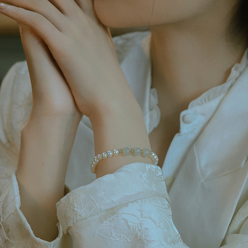 Buddha Stones 14K Gold Plated Natural Pearl Hetian Cyan Jade White Jade Sincerity Bead Chain Bracelet - image 22