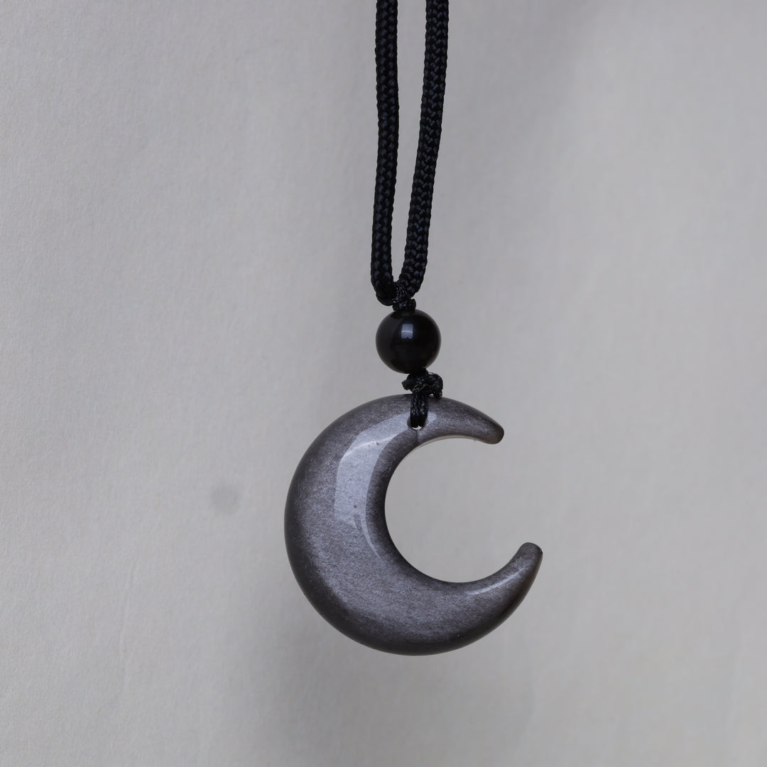 Buddha Stones Natural Silver Sheen Obsidian Star Crescent Moon Protection Necklace Pendant - Moon - image 9