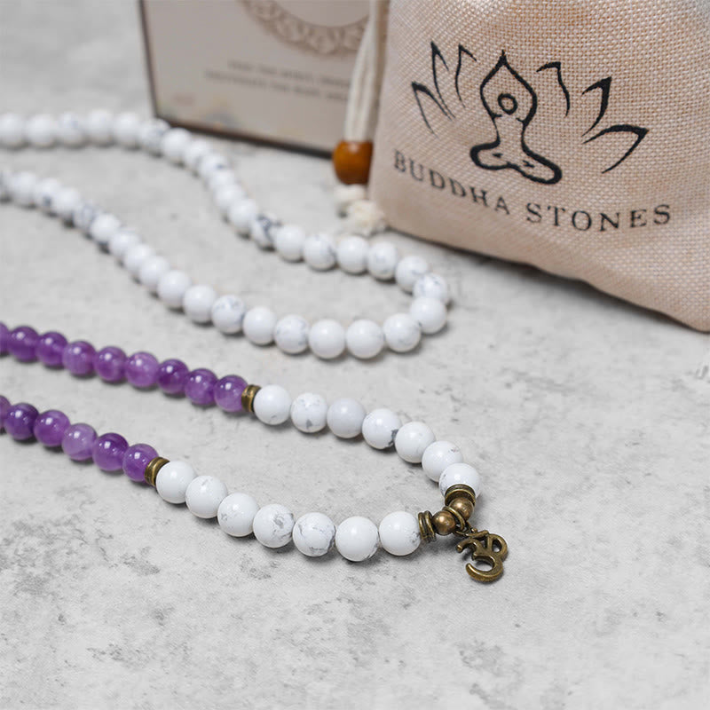 Buddha Stones 108 Mala Beads Amethyst White Turquoise OM Healing Meditation Energy Bracelet - image 7