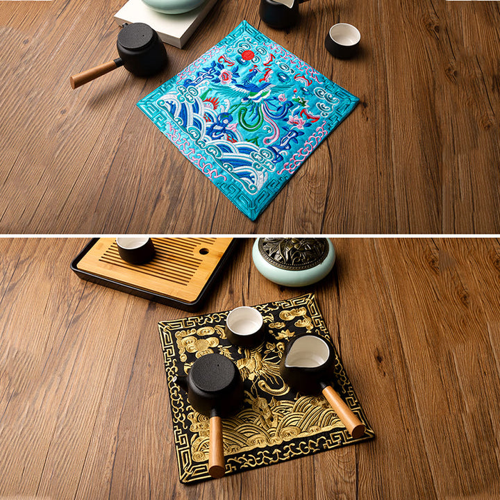 Buddha Stones Phoenix Dragon Kirin Embroidery Cup Mat Pad Tea Cup Coaster Kung Fu Tea Mat - image 14