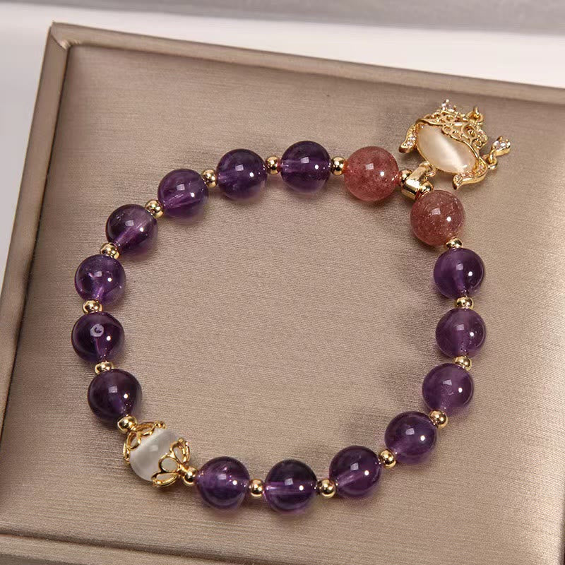 Buddha Stones Natural Amethyst Strawberry Quartz Cat Eye Chinese Lock Charm Healing Bracelet - image 1