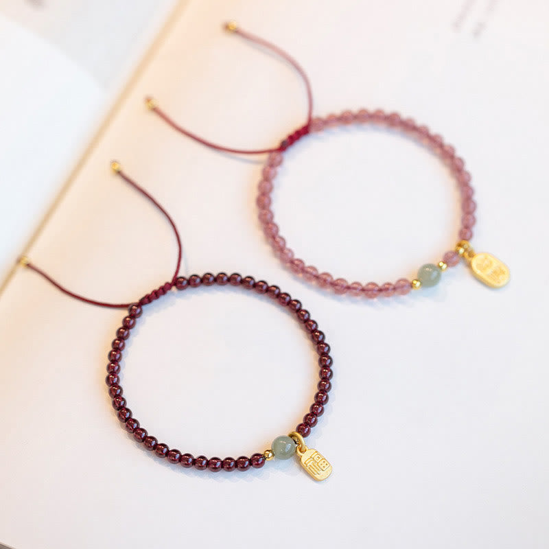 Buddha Stones Natural Strawberry Quartz Garnet Jade Lucky Fortune Fu Character Healing Charm Bracelet - image 1