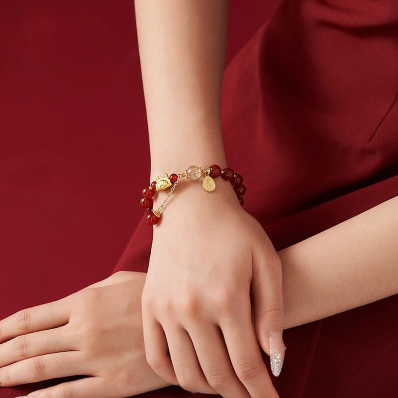 Buddha Stones Year of the Dragon Dumpling Natural Red Agate Garnet Hetian Jade Fu Character Luck Success Bracelet - image 7