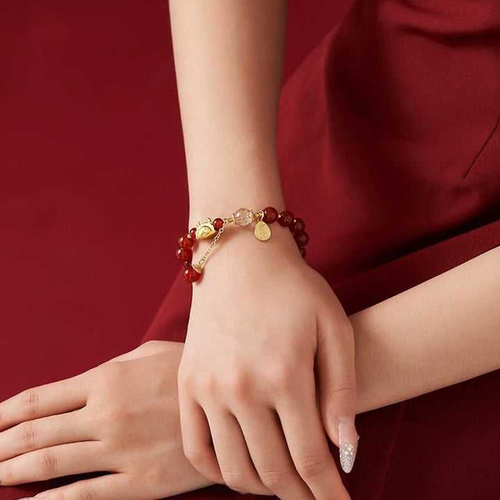 Buddha Stones Year of the Dragon Dumpling Natural Red Agate Garnet Hetian Jade Fu Character Luck Success Bracelet - image 7