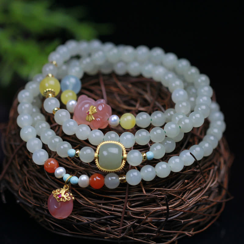 Buddha Stones Natural Hetian Jade Pink Crystal Peace Buckle Happiness Abundance Bracelet - Jade ( Protection ♥ Happiness) - image 0