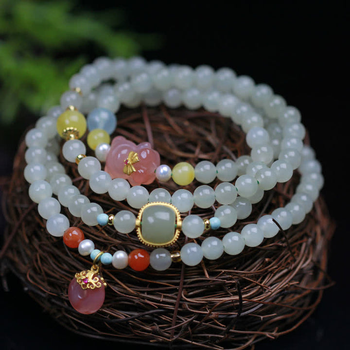 Buddha Stones Natural Hetian Jade Pink Crystal Peace Buckle Happiness Abundance Bracelet - image 6