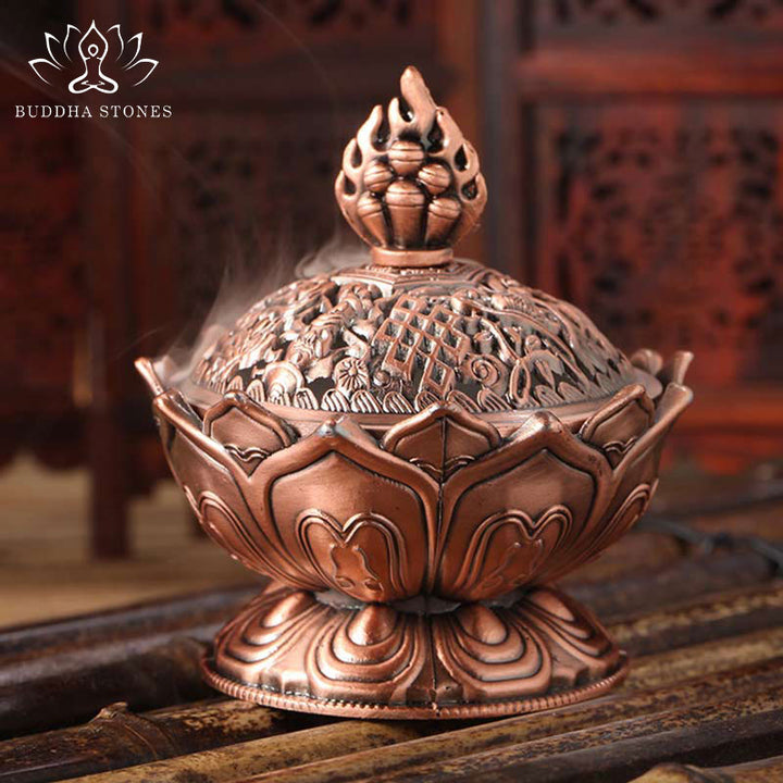 Buddha Stones Tibetan Lotus Shaped Purify Incense Burner - Red Bronze - image 0