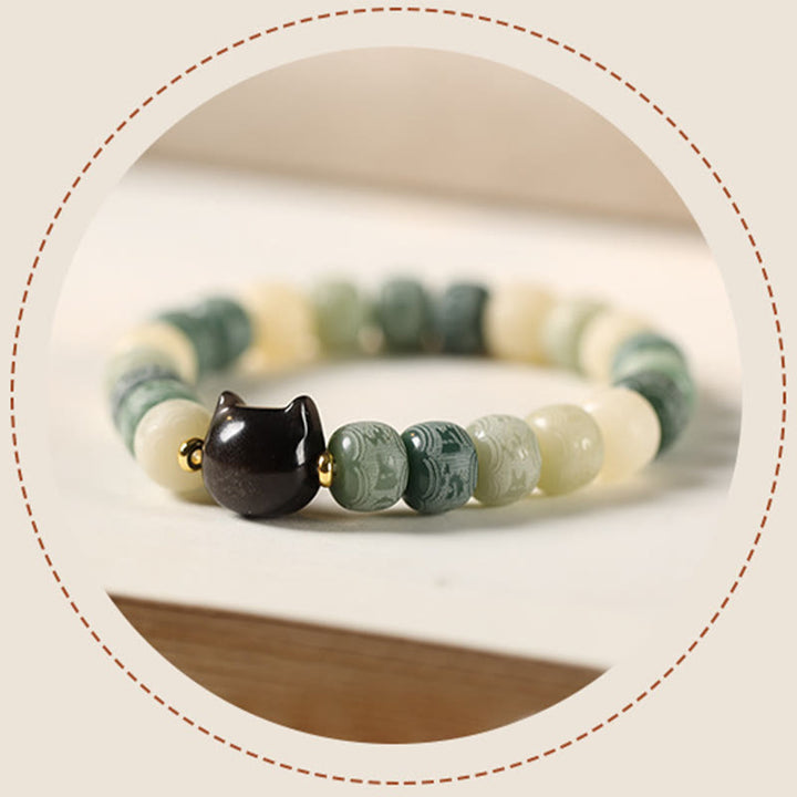 Buddha Stones Bodhi Seed Silver Sheen Obsidian Cat Head Om Mani Padme Hum Engraved Harmony Bracelet - image 12