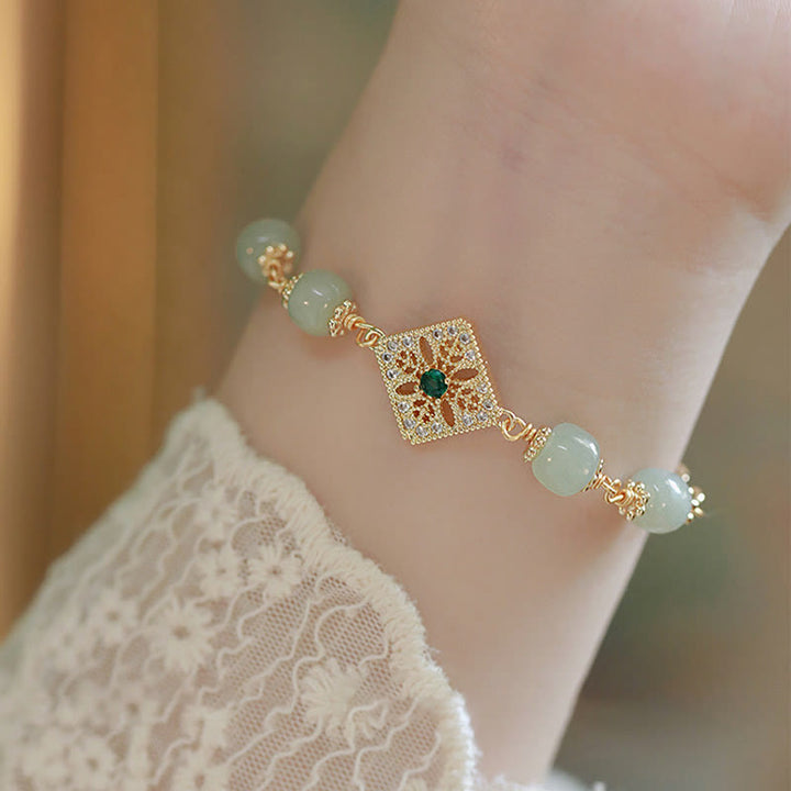 Buddha Stones Natural Hetian Jade Bead Square Pattern Luck Chain Bracelet - Jade(Prosperity♥Abundance)(Wrist Circumference 14-15cm) - image 0