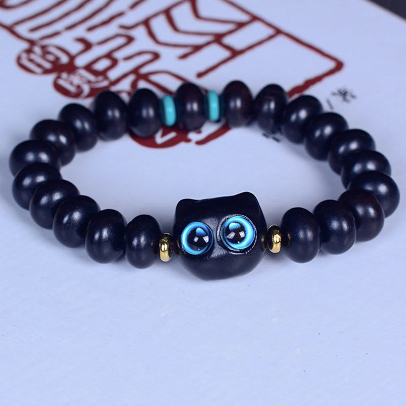 Buddha Stones Ebony Wood Liuli Glass Lovely Cat Peace Balance Bracelet - image 1