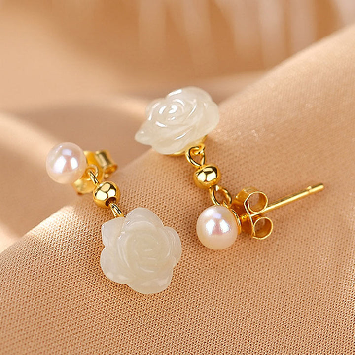 Buddha Stones 925 Sterling Silver Plated Gold Jade Rose Flower Cyan Jade Pearl Luck Earrings - image 5